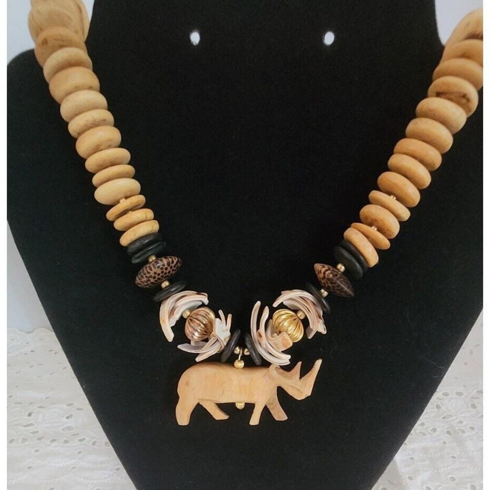 Vintage Wood Bead Disc Rhinoceros Rhino Polished Shell 24" Necklace Chunky
